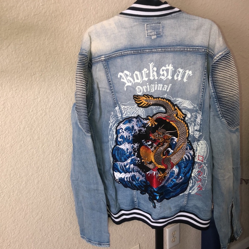 Rockstar Mens Dragon Denim Jean Jacket EUC